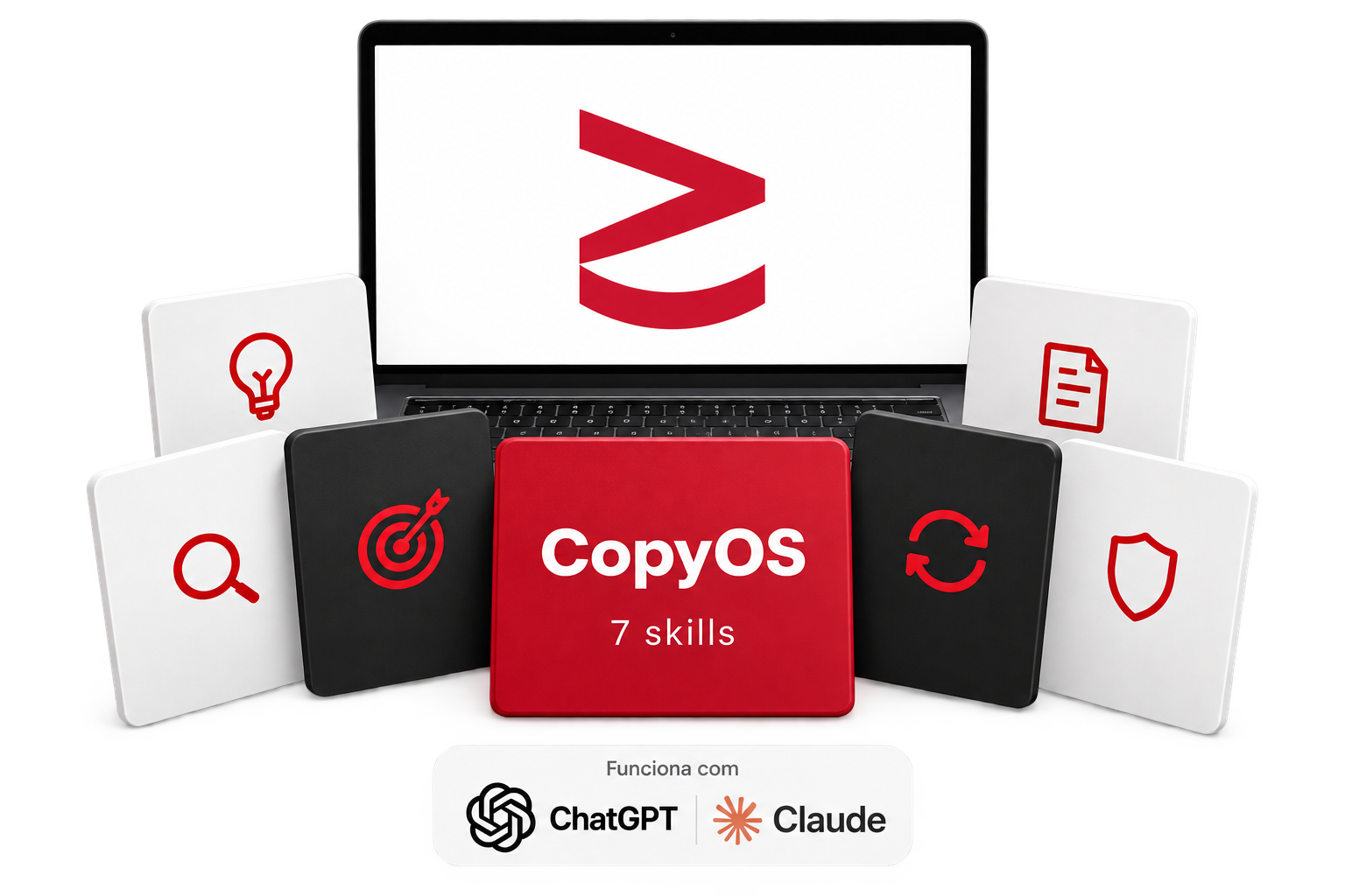 Mockup do CopyOS com módulos agrupados, o ícone da The Skill na tela do notebook e as logos do ChatGPT e do Claude.