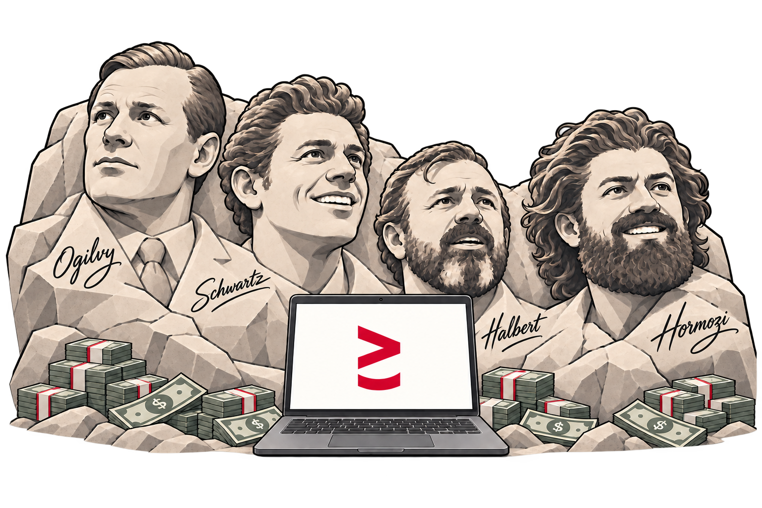 Quatro bustos ilustrados com os nomes Ogilvy, Schwartz, Halbert e Hormozi em estilo de assinatura, da esquerda para a direita, com um notebook exibindo o símbolo da The Skill e pilhas de notas ao redor.